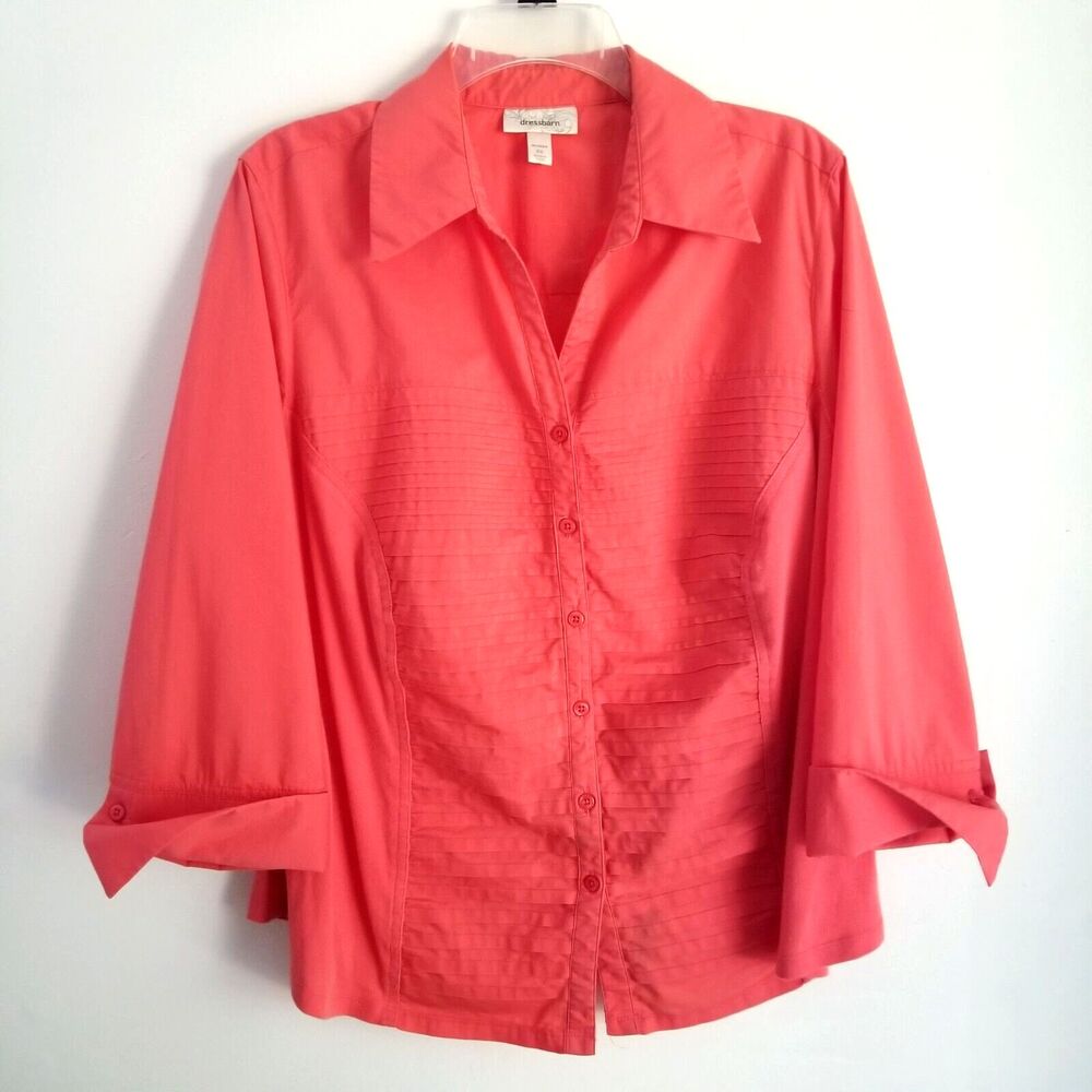 Dressbarn Top Womens 2X Orange Button Down Collared V-Neck 3/4 Sleeve Blouse